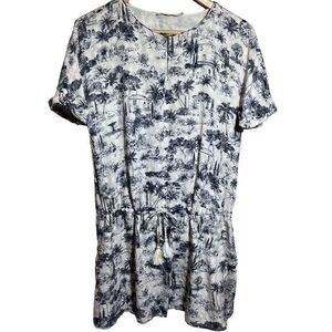 Tory Burch Dress Blue White Tie Front Palm Tree Print Sheer Silk Blend Size S/P